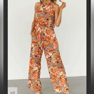 Women’s jumpsuit, floral orange/mocha, size small.